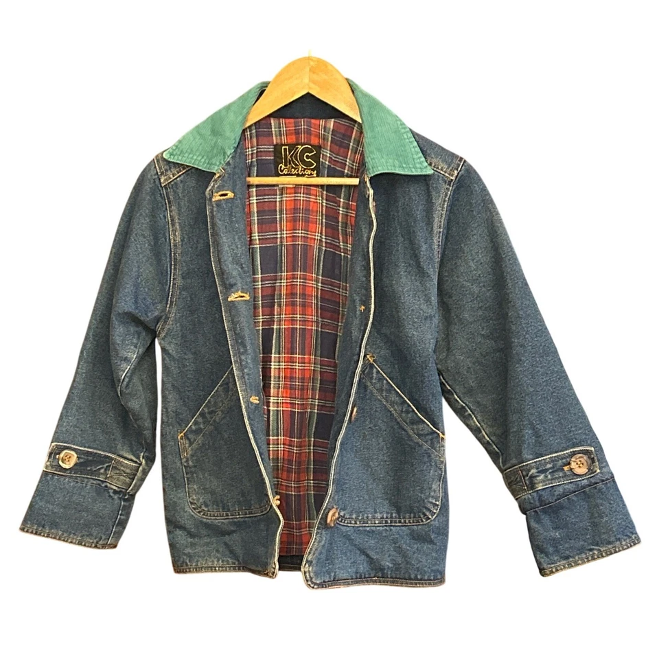 Vintage KC Collection Denim Chore Jacket Corduroy Collar Plaid Lined Preppy - Image 4 of 4