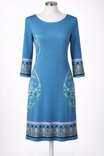 Michael Kors MK Paisley Blue Turquoise Knit Midi Dress 3/4 Sleeve Stretch Size 4