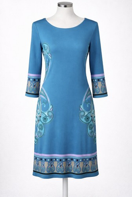 #ad Michael Kors MK Paisley Blue Turquoise Knit Midi Dress 3 4 Sleeve Stretch Size 4 $29.74