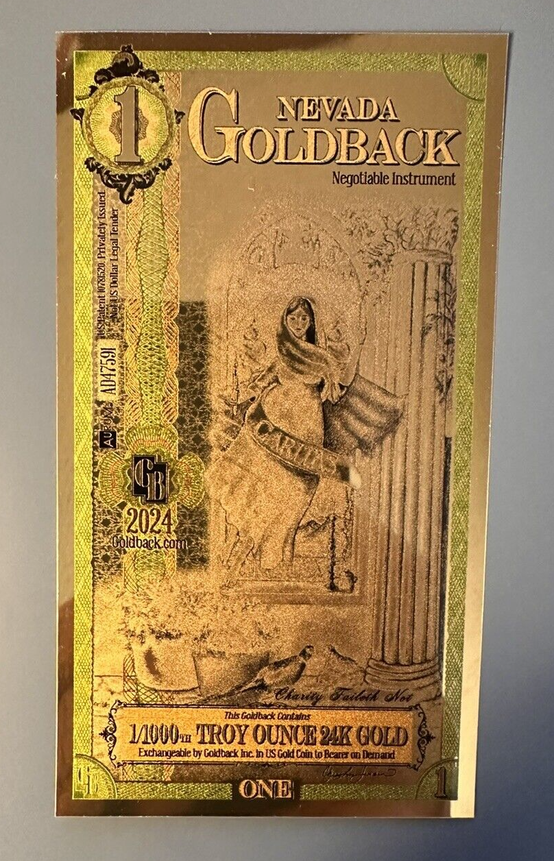 Gold Nevada Goldback certificate with ornate border, “1/1000 Troy Ounce 24K Gold” text, and classical column illustration.