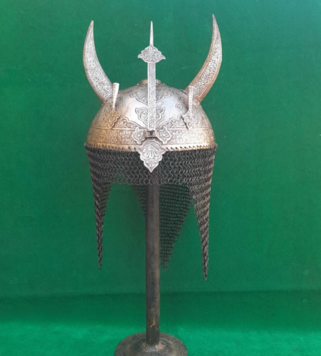Vintage otomana islamskie żelazo ręcznie grawerowany diabelski róg khula khud hełm zbroja - Zdjęcie 1 z 11
