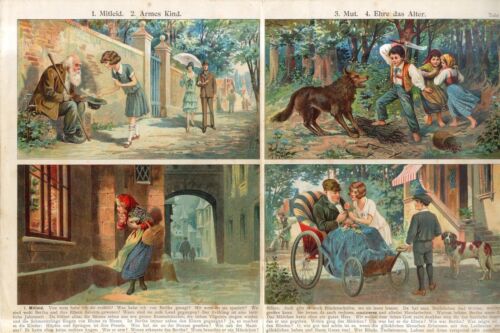 1900s KIDS PITY-POOR KID-COURAGE WOLF-HONOR TO OLD MAN LARGE FOLIO Print J.Staub - Picture 1 of 3