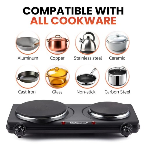 Elite Gourmet EDB-302BF# Countertop Double Cast Iron Burner, 1500 Watts - Picture 5 of 7
