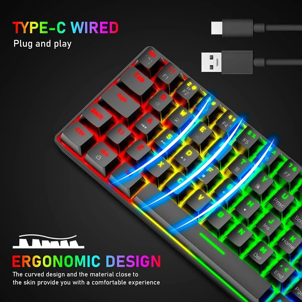 T60 UK Layout 60% Mechanical Keyboard and Mouse Set, Compact 62 Keys Mini Wired - Image 3 of 4