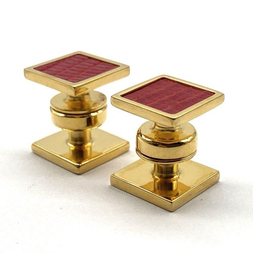 W/box Hermes Cufflinks Cuffs Square Red Leather Gold Color Vintage Used - 第 4/10 張圖片