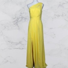 David’s Bridal Maxi One-Shoulder Front Slit Yellow Chiffon Formal Dress Size 8
