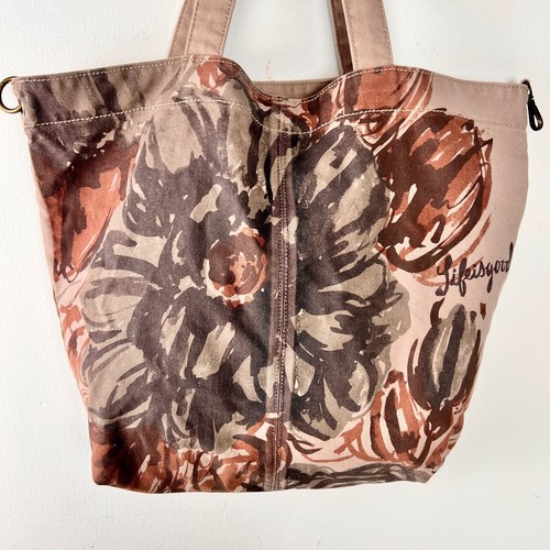 Life is Good Canvas Tote Purse Large Taupe Brown w/Abstract Brown Flowers Front - Picture 2 of 22