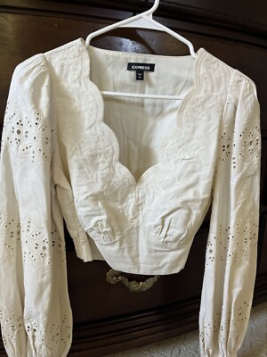 Express Women s Cream Off White Crop Top Floral Cut Outs Size Xs