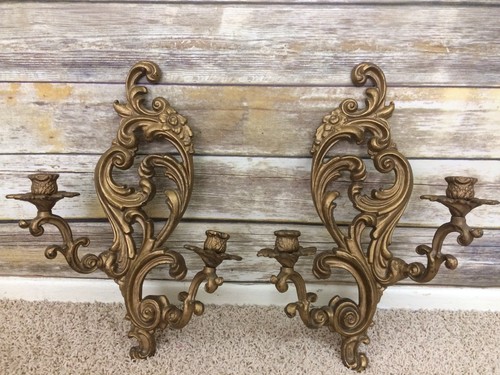 vintage pair ornate metal gold floral double candle sconces wall