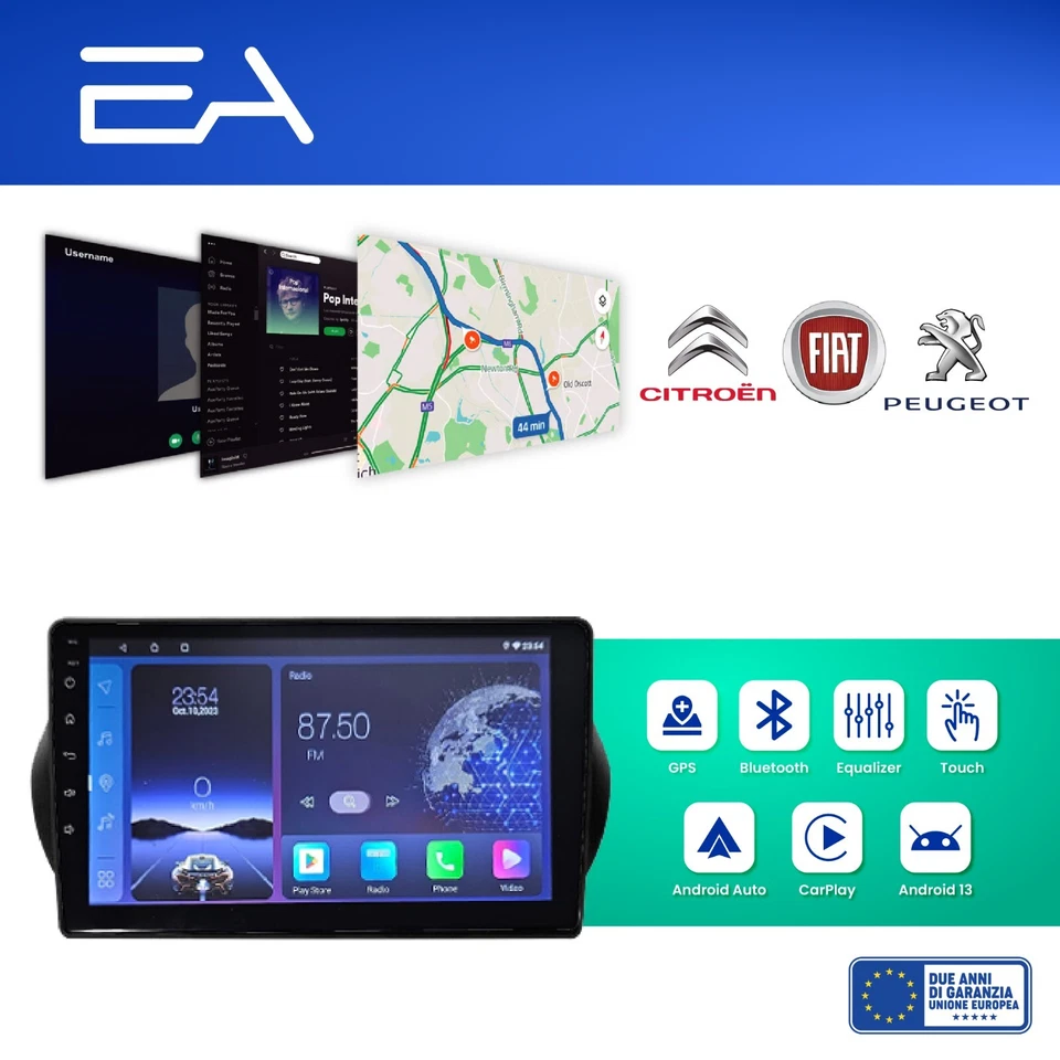 Autoradio Android per Nemo Bipper Fiorino-Agea-Tipo Octacore4GB 64GB Telecamera - Immagine 2 di 4