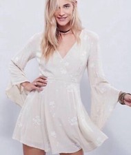 Free People Dress Jasmine Embroidered Beige Bell Sleeve Mini Tunic size 6