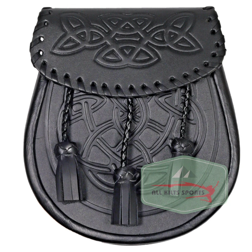 ALL KILTS SPORTS Celtic Embossed Scottish Black Sporran With Chain And Belt