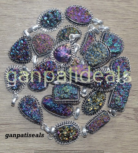 Titanium Druzy Gemstone Pendant 5pcs Wholesale Lots 925 Silver Plated Jewelry - Picture 6 of 6
