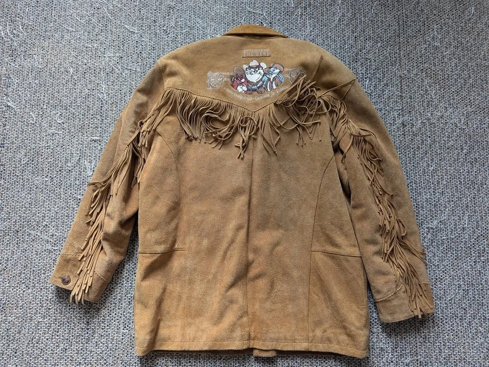 Chaqueta occidental vintage de gamuza cuero de vaca LOONEY TUNES XL flecos TAZ marrón Foto 2 de 4