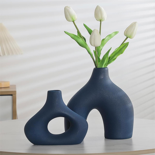 Set Di 2 Vasi in Ceramica Blu per Decorazioni Moderne per La Casa, Rotondi, Opac - Foto 12 di 12