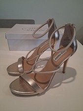 Steve Madden Clay Gold Metal Strappy Stiletto High Heel Sandals 9M Box 4"