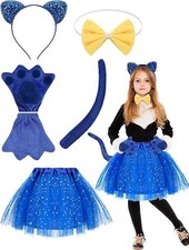 5Pcs Girls Black Cat Costume Set Ears Headband Bowtie Tail Gloves Tutu Halloween