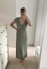 Mango Green Floral Maxi Dress Size S Pleated V Neck Romantic Cottagecore