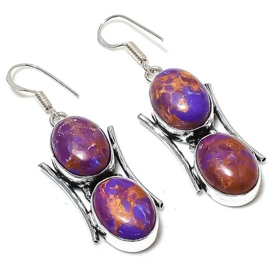 Copper Purple Turquoise Gemstone 925 Sterling Silver Jewelry Earring 2.21" h373 - Image 1 of 4