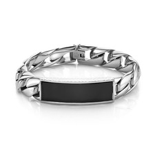 Stainless Steel Black Onyx Bracelet for Men with Fold Over Clasp - 9 Inches Long