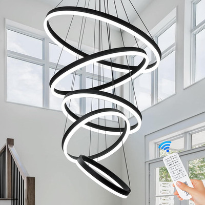 Dimmable 5-Rings LED Chandelier with Remote for High Ceilings & Dining Room