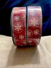 Member’s Mark 1.5” Premium Wired Red Ribbon White Snowflakes 50 Yards NEW.