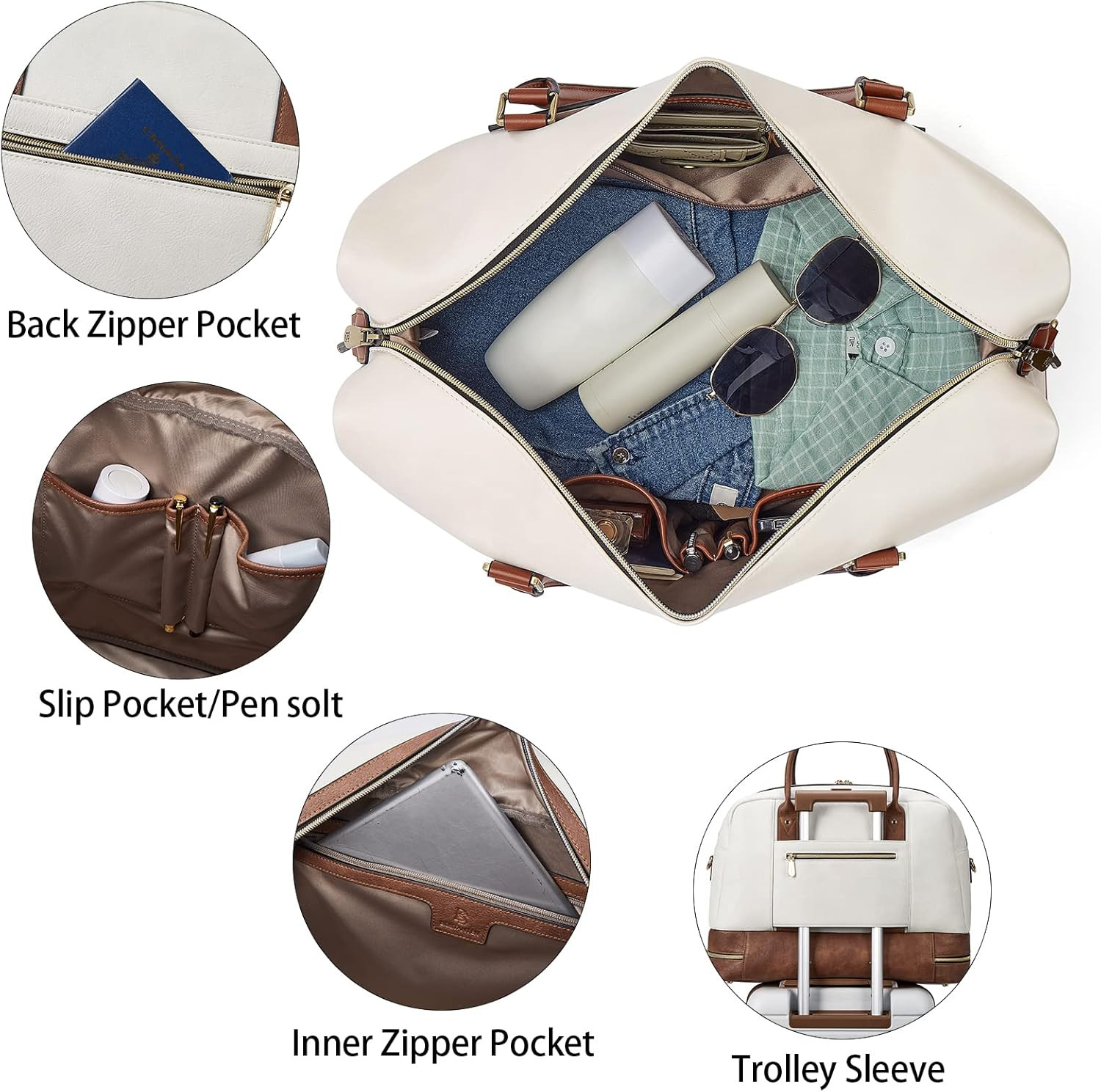 Chic Leather Weekender Bag for Women with Shoe Compartment & Trolley Sleeve