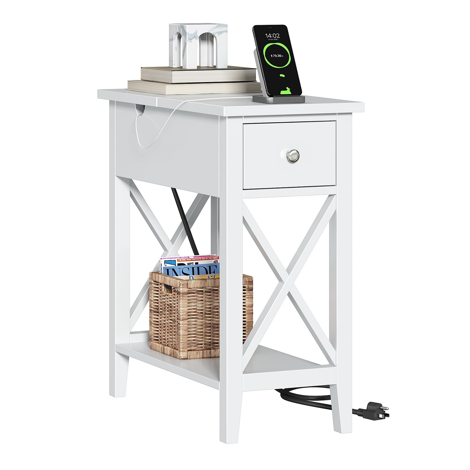 ChooChoo End Table with Charging Station, Narrow Side Table with USB Ports an...