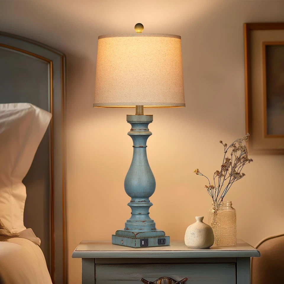 Lámpara costera de 27,5" de alto,-lámparas de mesita de noche vintage azules con carga USB... Foto 4 de 4