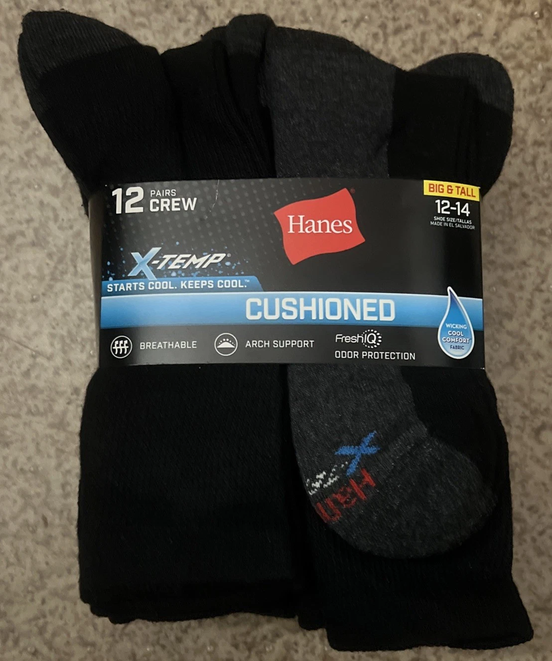 Hanes X-Temp Cushioned Crew Socks 12-Pair Black/Gray Big & Tall 12-14 New