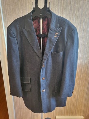 Falcone Men's Denim Blazer 44R Cotton Blend Jacket Peak Collar Dark Wash Blue