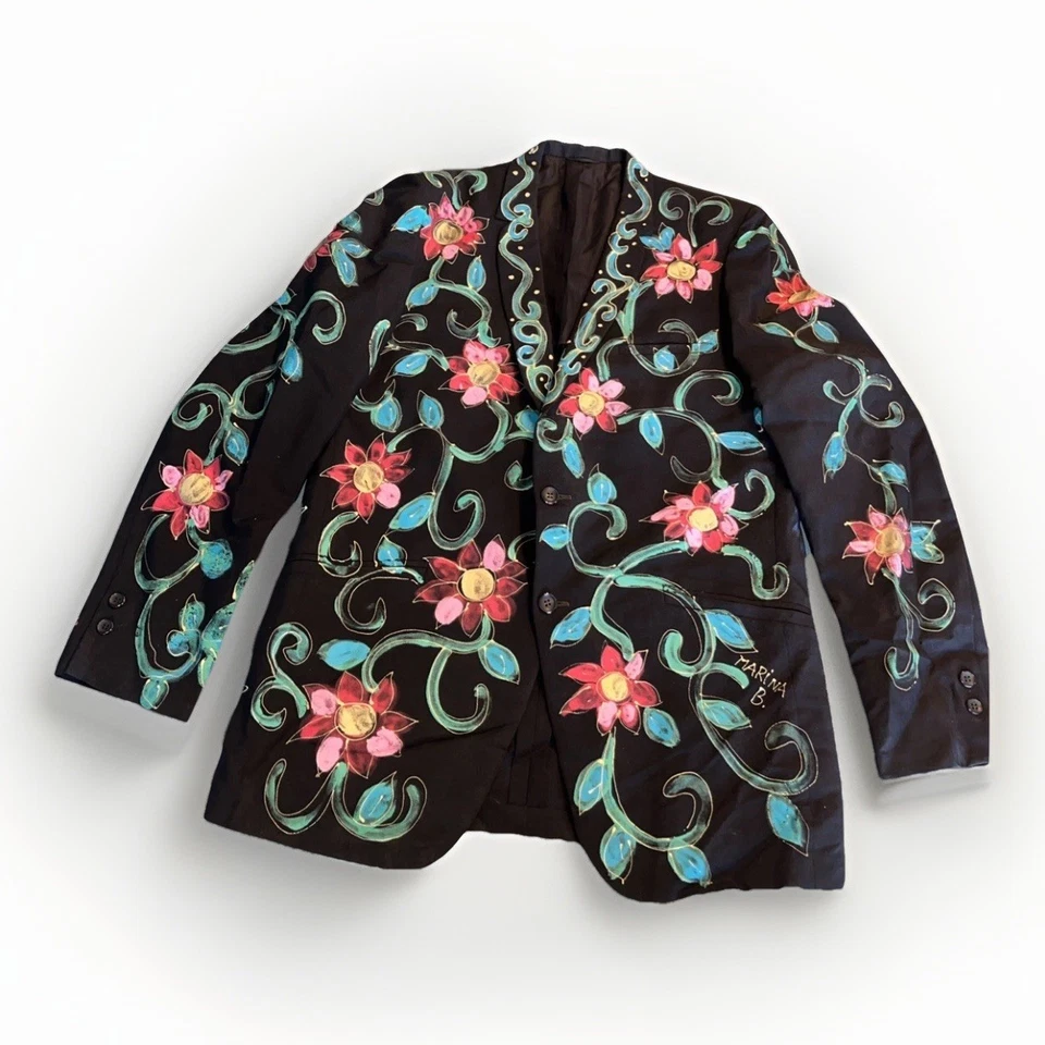 VTG Black Handpainted Blazer by MarinaB Wearable Art Indie Unisex Jacket 40R M/L - Image 2 of 4