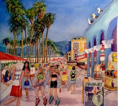 WATERCOLOR ORIGINAL 10x10 Venice Beach Town Impressionism Boardwalk Wall Decor