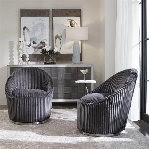 Uttermost Crue Contemporary Stainless Steel and Fabric Swivel Chair in Gray - Picture 2 of 9