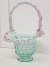 Fenton Aqua Iridized Opaline Thumbprint Dusty Rose Crest Basket  9"H