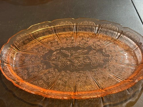Jeannette 13" Cherry Blossom Pink Depression Glass Oval Platter (SN T-1)