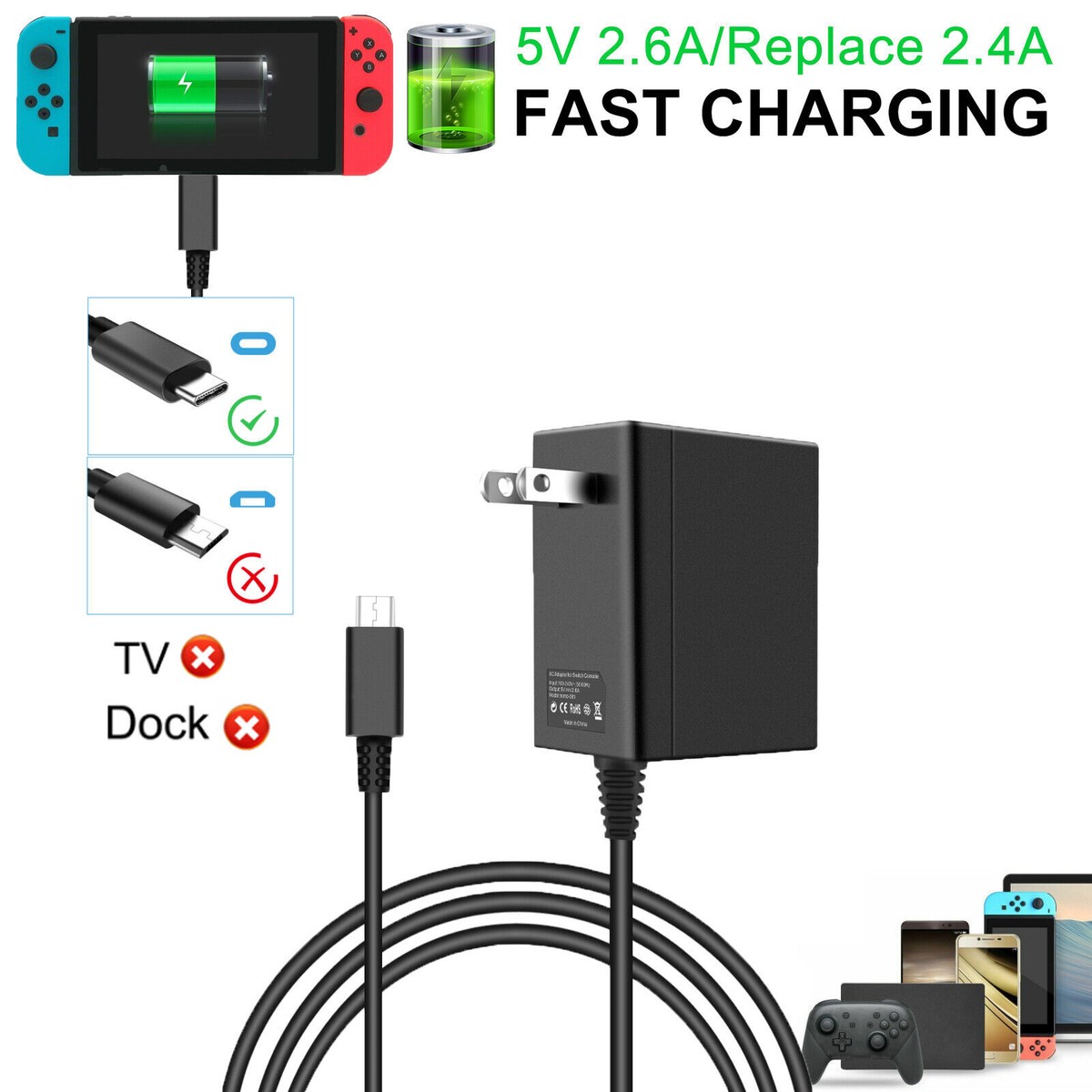 AC Adapter Power Supply for Nintendo Switch Wall Travel Charger