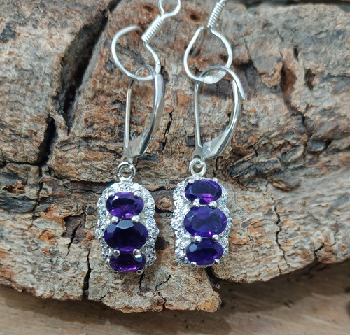 Pendientes de plata esterlina 925 amatista natural y circonita cúbica para mujer con cierre de palanca joyería E-187 - Imagen 3 de 10