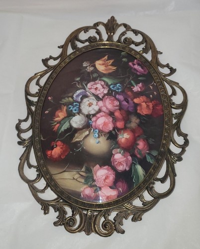 Vintage viktorianisch Italien floral Messingrahmen konvex Glas groß 10" x 12" oval