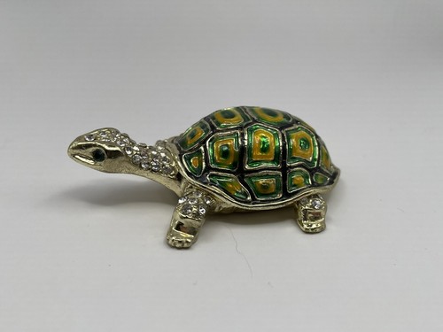 Kleine Metall Emaille aufklappbare Schildkröte Schmuckschatulle mit Schmucksteinen - Bild 1 von 7
