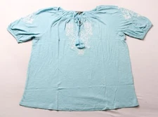 Style & Co. Women's Embroidered Split Neck Tasseled-Tie Top EJ3 Aqua Large NWT