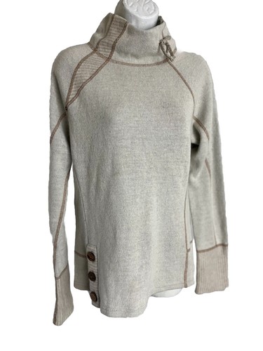 Prana Women M Lucia Wool Blend Sweater Beige Mock Tie Neck Fleece Lined Pullover