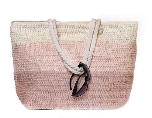 XXL beach bag shopper pink striped braided with zipper beach bag