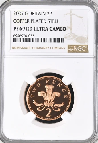 2007 2p Two Pence Coin NGC PF69 RD Proof Great Britain Copper Plated Steel