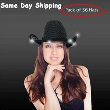 LED Light Up Flashing Sequin Black Cowboy Hats - Pack of 36 Hats By Party Glowz