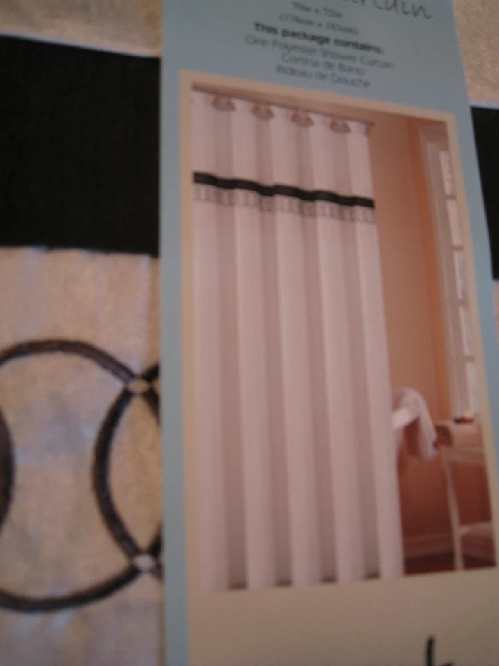 Orbit Platinum Silver Gray Black Embroidered Circles Fabric Shower Curtain NEW - Image 2 of 4