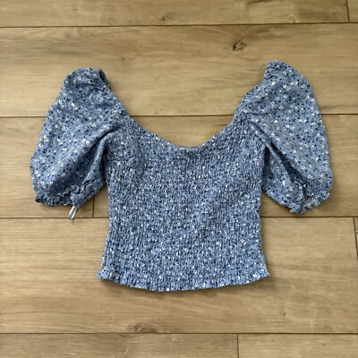 Abercrombie Fitch Dot Smocked Crop Puff Sleeve Blue Top Size