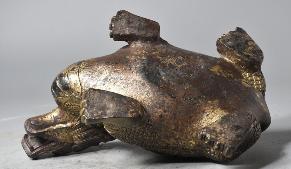 8.8"old China bronze Gilt fengshui wealth Dragon turtle statue