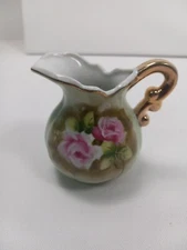 Lefton China Creamer Jug Green & Rose Floral Hand Painted Gold Trim # 4577 Vtge