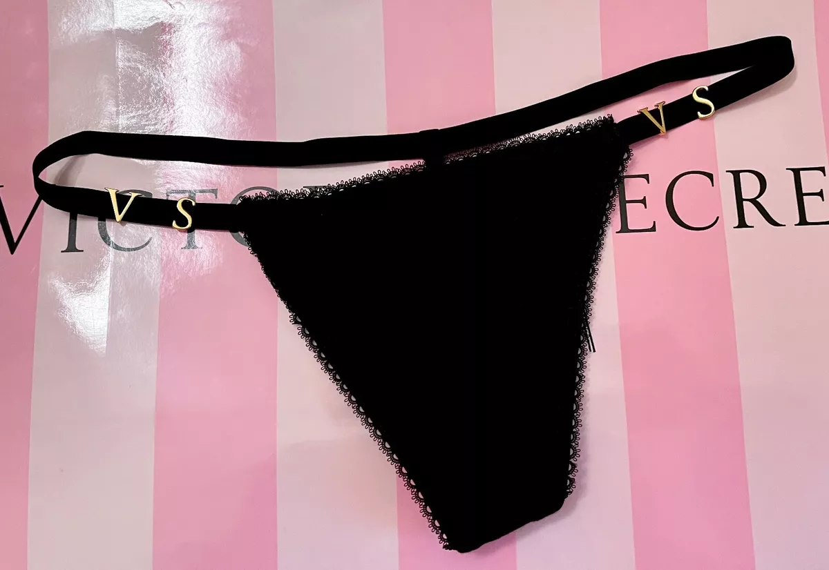 NWT VICTORIA'S SECRET BLACK VS GOLD HARDWARE SLIDER PICOT V STRING THONG  PANTIES